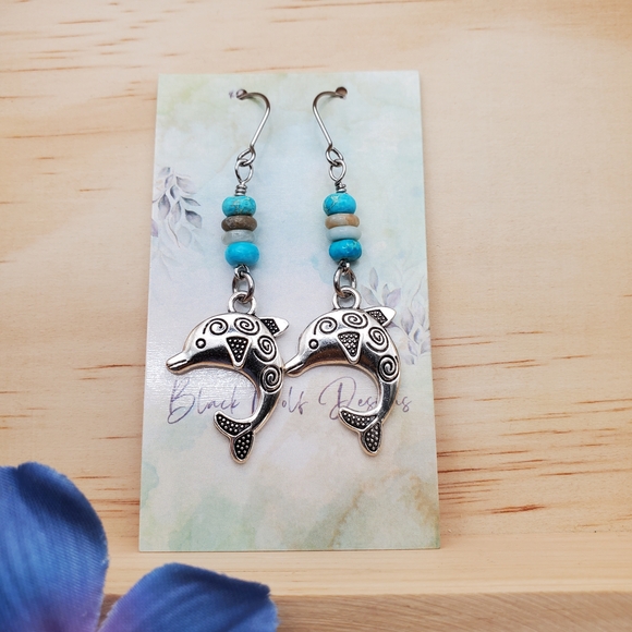 Silver Dolphin Earrings with Turquoise Accents - Picture 3 of 3